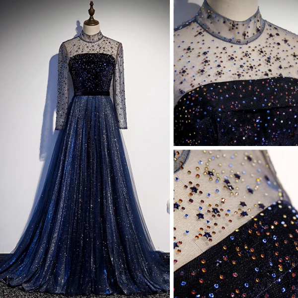 Vintage / Retro Navy Blue Dancing Prom Dresses 2020 A-Line / Princess See-through High Neck Long Sleeve Rhinestone Sequins Glitter Tulle Sweep Train Ruffle Backless Formal Dresses
