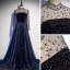 Vintage / Retro Navy Blue Dancing Prom Dresses 2020 A-Line / Princess See-through High Neck Long Sleeve Rhinestone Sequins Glitter Tulle Sweep Train Ruffle Backless Formal Dresses