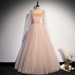 Vintage Originale Perle Rose Dansant Robe De Bal 2020 Princesse Encolure Carrée Manches Longues Perlage Glitter Tulle Longue Volants Dos Nu Robe De Ceremonie