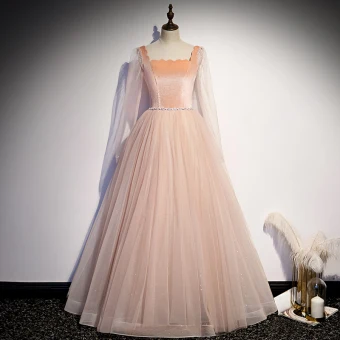 Vintage Originale Perle Rose Dansant Robe De Bal 2020 Princesse Encolure Carrée Manches Longues Perlage Glitter Tulle Longue Volants Dos Nu Robe De Ceremonie