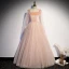 Vintage / Retro Pearl Pink Dancing Prom Dresses 2020 A-Line / Princess Square Neckline Long Sleeve Beading Glitter Tulle Floor-Length / Long Ruffle Backless Formal Dresses