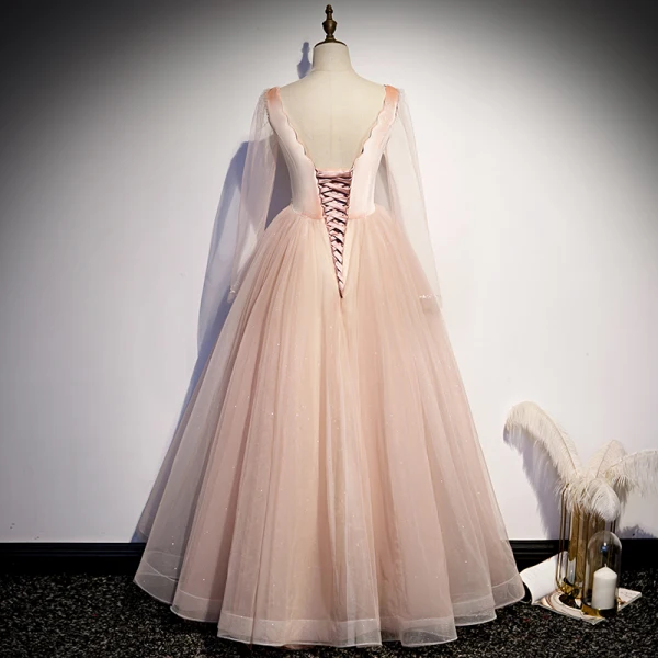 Vintage / Retro Pearl Pink Dancing Prom Dresses 2020 A-Line / Princess Square Neckline Long Sleeve Beading Glitter Tulle Floor-Length / Long Ruffle Backless Formal Dresses