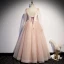Vintage / Retro Pearl Pink Dancing Prom Dresses 2020 A-Line / Princess Square Neckline Long Sleeve Beading Glitter Tulle Floor-Length / Long Ruffle Backless Formal Dresses