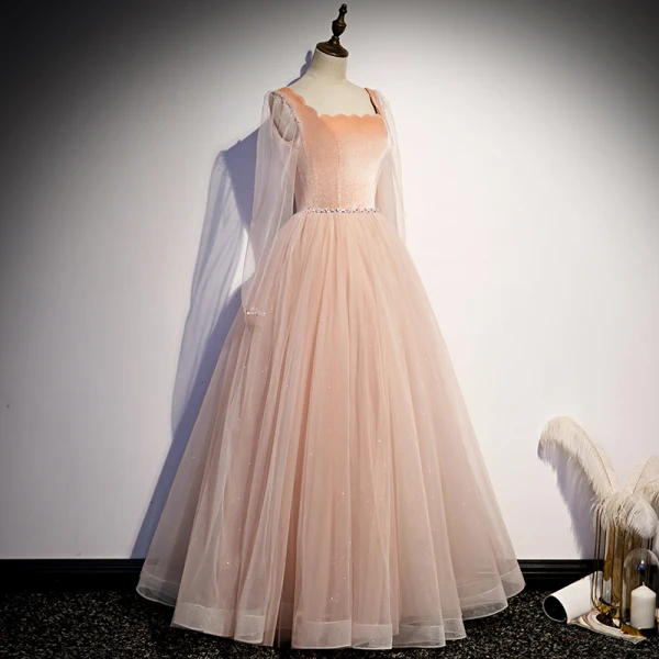 Vintage / Retro Pearl Pink Dancing Prom Dresses 2020 A-Line / Princess Square Neckline Long Sleeve Beading Glitter Tulle Floor-Length / Long Ruffle Backless Formal Dresses