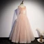 Vintage / Retro Pearl Pink Dancing Prom Dresses 2020 A-Line / Princess Square Neckline Long Sleeve Beading Glitter Tulle Floor-Length / Long Ruffle Backless Formal Dresses