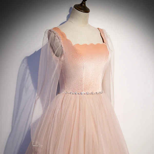 Vintage / Retro Pearl Pink Dancing Prom Dresses 2020 A-Line / Princess Square Neckline Long Sleeve Beading Glitter Tulle Floor-Length / Long Ruffle Backless Formal Dresses