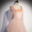 Vintage / Retro Pearl Pink Dancing Prom Dresses 2020 A-Line / Princess Square Neckline Long Sleeve Beading Glitter Tulle Floor-Length / Long Ruffle Backless Formal Dresses