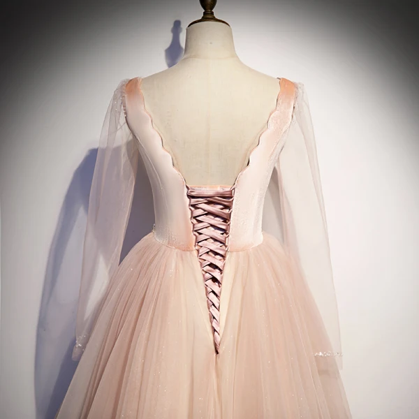 Vintage / Retro Pearl Pink Dancing Prom Dresses 2020 A-Line / Princess Square Neckline Long Sleeve Beading Glitter Tulle Floor-Length / Long Ruffle Backless Formal Dresses