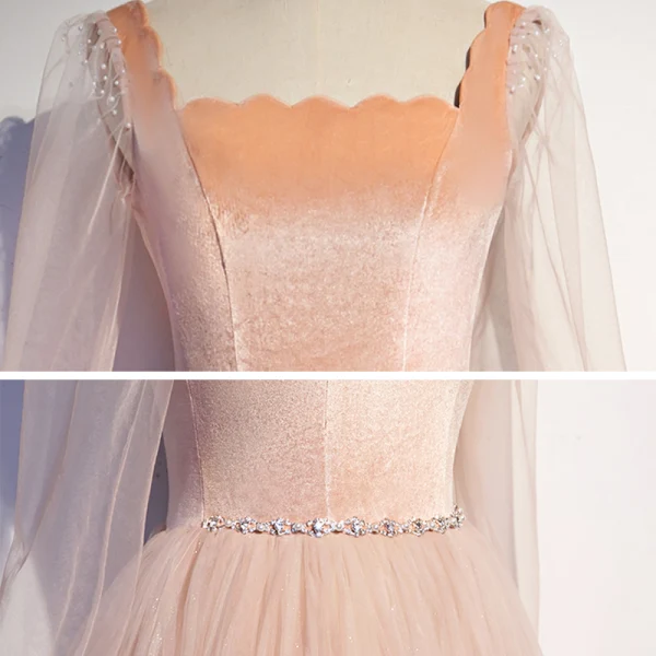 Vintage / Retro Pearl Pink Dancing Prom Dresses 2020 A-Line / Princess Square Neckline Long Sleeve Beading Glitter Tulle Floor-Length / Long Ruffle Backless Formal Dresses