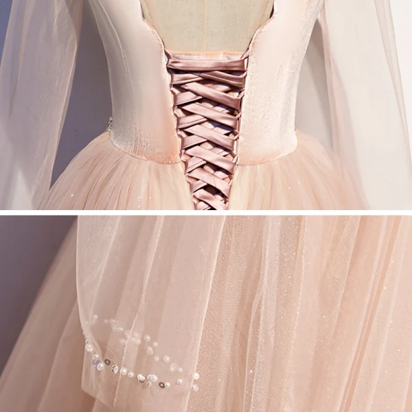 Vintage / Retro Pearl Pink Dancing Prom Dresses 2020 A-Line / Princess Square Neckline Long Sleeve Beading Glitter Tulle Floor-Length / Long Ruffle Backless Formal Dresses
