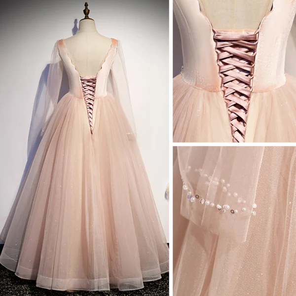 Vintage / Retro Pearl Pink Dancing Prom Dresses 2020 A-Line / Princess Square Neckline Long Sleeve Beading Glitter Tulle Floor-Length / Long Ruffle Backless Formal Dresses