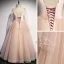 Vintage / Retro Pearl Pink Dancing Prom Dresses 2020 A-Line / Princess Square Neckline Long Sleeve Beading Glitter Tulle Floor-Length / Long Ruffle Backless Formal Dresses