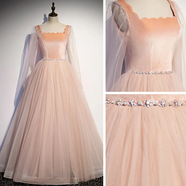 Vintage / Retro Pearl Pink Dancing Prom Dresses 2020 A-Line / Princess Square Neckline Long Sleeve Beading Glitter Tulle Floor-Length / Long Ruffle Backless Formal Dresses