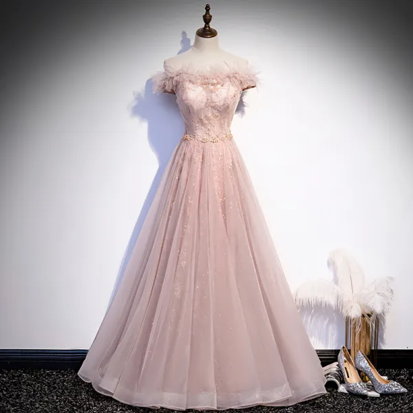 Chic / Beautiful Blushing Pink Dancing Prom Dresses 2020 A-Line / Princess Off-The-Shoulder Short Sleeve Beading Sequins Glitter Tulle Floor-Length / Long Ruffle Backless Formal Dresses