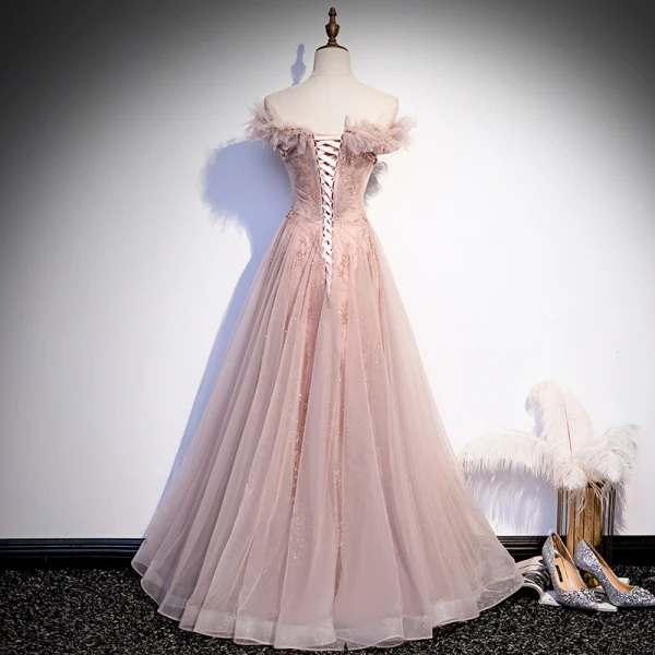 Chic / Belle Rougissant Rose Dansant Robe De Bal 2020 Princesse De l'épaule Manches Courtes Perlage Paillettes Glitter Tulle Longue Volants Dos Nu Robe De Ceremonie