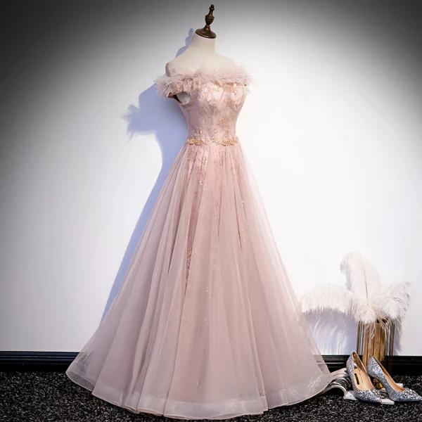 Chic / Belle Rougissant Rose Dansant Robe De Bal 2020 Princesse De l'épaule Manches Courtes Perlage Paillettes Glitter Tulle Longue Volants Dos Nu Robe De Ceremonie