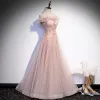 Chic / Beautiful Blushing Pink Dancing Prom Dresses 2020 A-Line / Princess Off-The-Shoulder Short Sleeve Beading Sequins Glitter Tulle Floor-Length / Long Ruffle Backless Formal Dresses