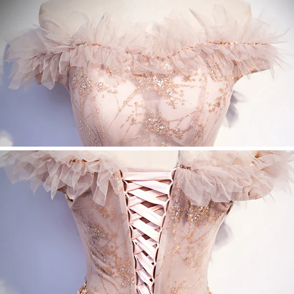 Chic / Belle Rougissant Rose Dansant Robe De Bal 2020 Princesse De l'épaule Manches Courtes Perlage Paillettes Glitter Tulle Longue Volants Dos Nu Robe De Ceremonie