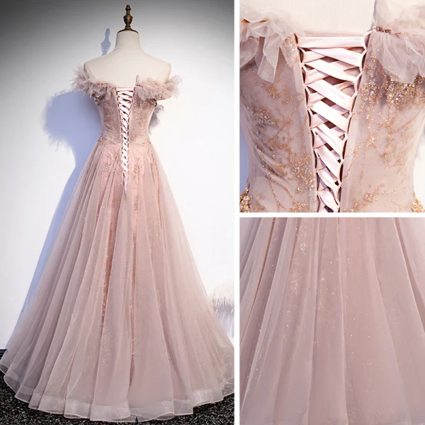 Chic / Belle Rougissant Rose Dansant Robe De Bal 2020 Princesse De l'épaule Manches Courtes Perlage Paillettes Glitter Tulle Longue Volants Dos Nu Robe De Ceremonie