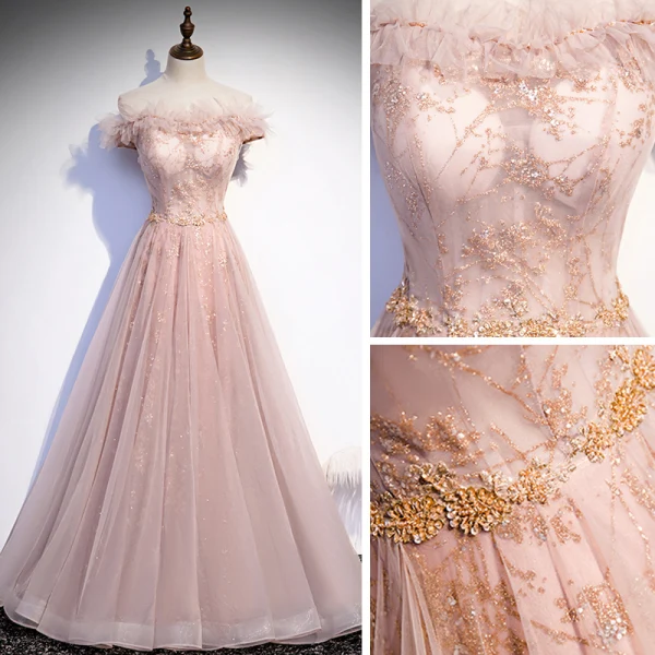 Chic / Belle Rougissant Rose Dansant Robe De Bal 2020 Princesse De l'épaule Manches Courtes Perlage Paillettes Glitter Tulle Longue Volants Dos Nu Robe De Ceremonie