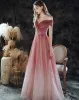 Elegant Burgundy Gradient-Color Dancing Prom Dresses 2020 A-Line / Princess Off-The-Shoulder Short Sleeve Glitter Tulle Floor-Length / Long Ruffle Backless Formal Dresses