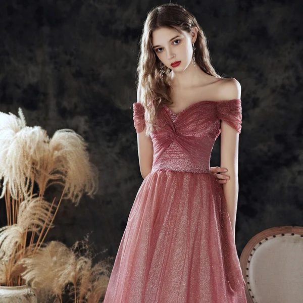 Elegant Burgundy Gradient-Color Dancing Prom Dresses 2020 A-Line / Princess Off-The-Shoulder Short Sleeve Glitter Tulle Floor-Length / Long Ruffle Backless Formal Dresses