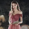 Elegant Burgundy Gradient-Color Dancing Prom Dresses 2020 A-Line / Princess Off-The-Shoulder Short Sleeve Glitter Tulle Floor-Length / Long Ruffle Backless Formal Dresses