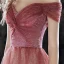 Elegant Burgundy Gradient-Color Dancing Prom Dresses 2020 A-Line / Princess Off-The-Shoulder Short Sleeve Glitter Tulle Floor-Length / Long Ruffle Backless Formal Dresses