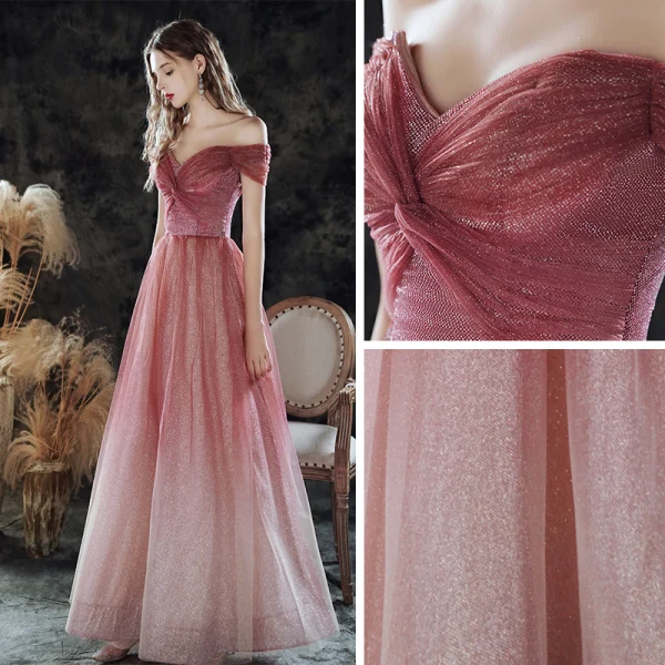 Elegant Burgundy Gradient-Color Dancing Prom Dresses 2020 A-Line / Princess Off-The-Shoulder Short Sleeve Glitter Tulle Floor-Length / Long Ruffle Backless Formal Dresses