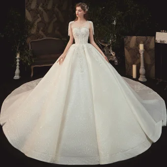 Elegant Champagne Bridal Wedding Dresses 2020 Ball Gown See Through Scoop Neck Short Sleeve Backless Glitter Tulle Beading Tassel Appliques Lace Cathedral Train Ruffle