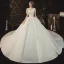 Elegant Champagne Bridal Wedding Dresses 2020 Ball Gown See-through Scoop Neck Short Sleeve Backless Glitter Tulle Beading Tassel Appliques Lace Cathedral Train Ruffle