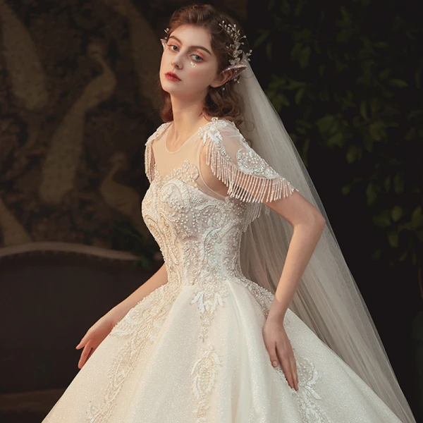 Elegant Champagne Bridal Wedding Dresses 2020 Ball Gown See-through Scoop Neck Short Sleeve Backless Glitter Tulle Beading Tassel Appliques Lace Cathedral Train Ruffle