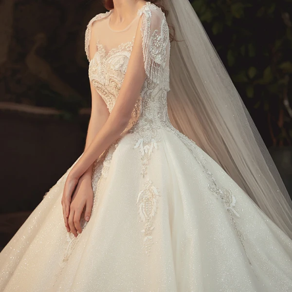 Elegant Champagne Bridal Wedding Dresses 2020 Ball Gown See-through Scoop Neck Short Sleeve Backless Glitter Tulle Beading Tassel Appliques Lace Cathedral Train Ruffle
