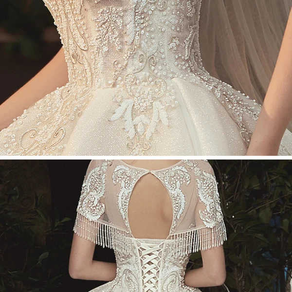 Elegant Champagne Bridal Wedding Dresses 2020 Ball Gown See-through Scoop Neck Short Sleeve Backless Glitter Tulle Beading Tassel Appliques Lace Cathedral Train Ruffle