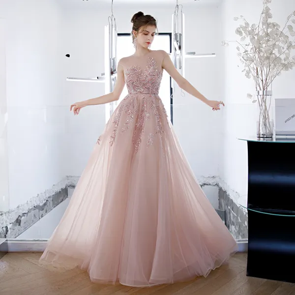 Illusion Blushing Pink See-through Prom Dresses 2020 A-Line / Princess Scoop Neck Sleeveless Beading Rhinestone Sweep Train Ruffle Backless Formal Dresses