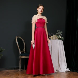 Vintage Originale Bordeaux Satin Dansant Robe De Bal 2020 Princesse Transparentes Col Haut Gonflée Manches Courtes Perlage Longue Volants Dos Nu Robe De Ceremonie