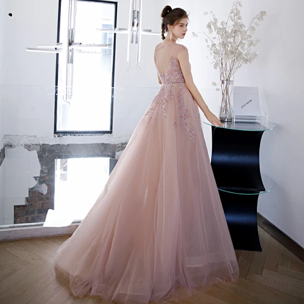 Illusion Blushing Pink See-through Prom Dresses 2020 A-Line / Princess Scoop Neck Sleeveless Beading Rhinestone Sweep Train Ruffle Backless Formal Dresses