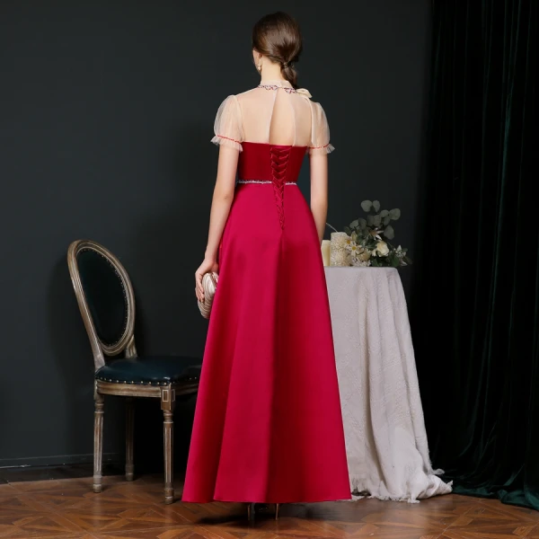Vintage / Retro Burgundy Satin Dancing Prom Dresses 2020 A-Line / Princess See-through High Neck Puffy Short Sleeve Beading Floor-Length / Long Ruffle Backless Formal Dresses
