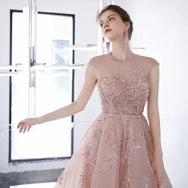 Illusion Blushing Pink See-through Prom Dresses 2020 A-Line / Princess Scoop Neck Sleeveless Beading Rhinestone Sweep Train Ruffle Backless Formal Dresses