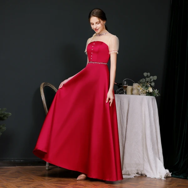 Vintage / Retro Burgundy Satin Dancing Prom Dresses 2020 A-Line / Princess See-through High Neck Puffy Short Sleeve Beading Floor-Length / Long Ruffle Backless Formal Dresses