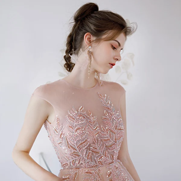 Illusion Blushing Pink See-through Prom Dresses 2020 A-Line / Princess Scoop Neck Sleeveless Beading Rhinestone Sweep Train Ruffle Backless Formal Dresses