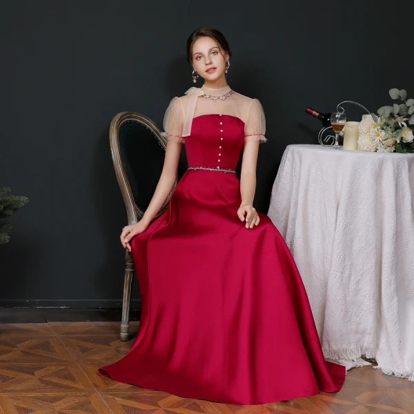 Vintage / Retro Burgundy Satin Dancing Prom Dresses 2020 A-Line / Princess See-through High Neck Puffy Short Sleeve Beading Floor-Length / Long Ruffle Backless Formal Dresses