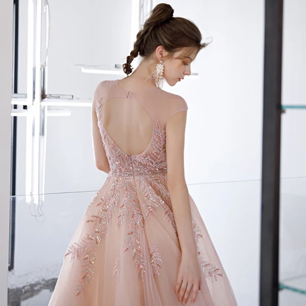 Illusion Blushing Pink See-through Prom Dresses 2020 A-Line / Princess Scoop Neck Sleeveless Beading Rhinestone Sweep Train Ruffle Backless Formal Dresses