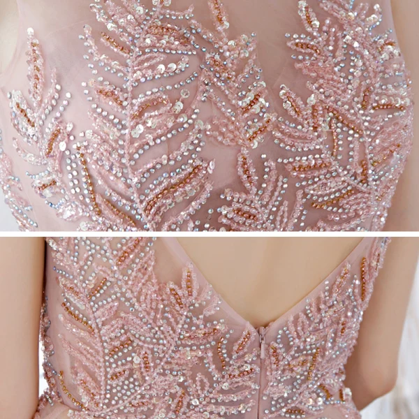 Illusion Blushing Pink See-through Prom Dresses 2020 A-Line / Princess Scoop Neck Sleeveless Beading Rhinestone Sweep Train Ruffle Backless Formal Dresses