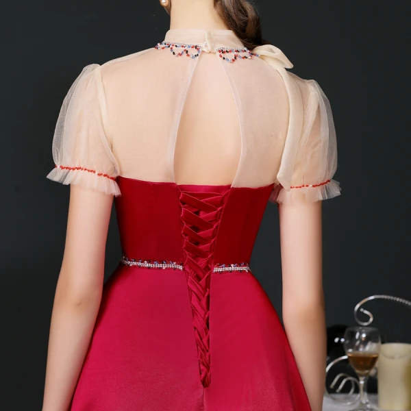 Vintage / Retro Burgundy Satin Dancing Prom Dresses 2020 A-Line / Princess See-through High Neck Puffy Short Sleeve Beading Floor-Length / Long Ruffle Backless Formal Dresses