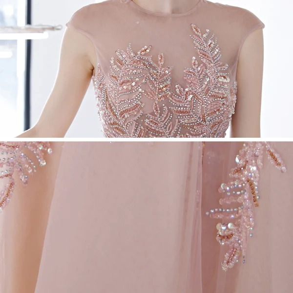 Illusion Blushing Pink See-through Prom Dresses 2020 A-Line / Princess Scoop Neck Sleeveless Beading Rhinestone Sweep Train Ruffle Backless Formal Dresses