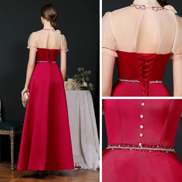Vintage / Retro Burgundy Satin Dancing Prom Dresses 2020 A-Line / Princess See-through High Neck Puffy Short Sleeve Beading Floor-Length / Long Ruffle Backless Formal Dresses