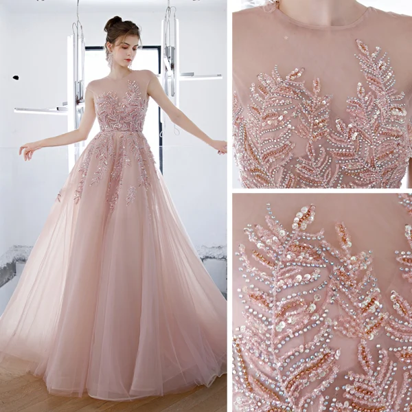 Illusion Blushing Pink See-through Prom Dresses 2020 A-Line / Princess Scoop Neck Sleeveless Beading Rhinestone Sweep Train Ruffle Backless Formal Dresses