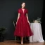 Vintage / Retro Burgundy Dancing Prom Dresses 2020 A-Line / Princess See-through High Neck Puffy Short Sleeve Beading Sequins Sash Tea-length Ruffle Backless Formal Dresses