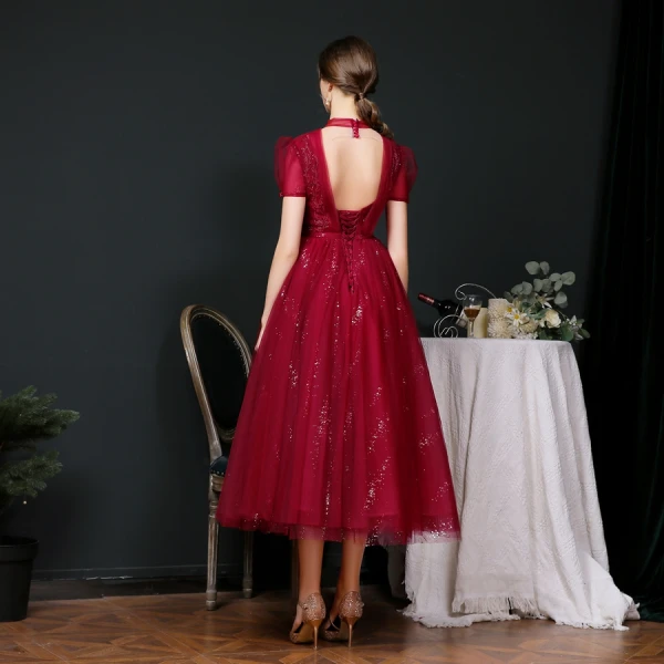 Vintage / Retro Burgundy Dancing Prom Dresses 2020 A-Line / Princess See-through High Neck Puffy Short Sleeve Beading Sequins Sash Tea-length Ruffle Backless Formal Dresses